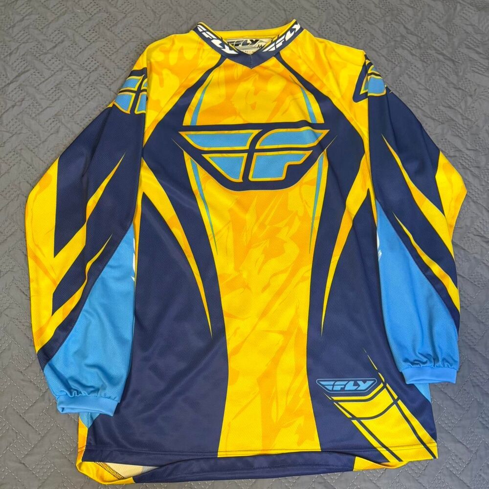Fly Racing Jersey Mens Medium Yellow Blue Motocross MX Dirt Bike Long Sleeve